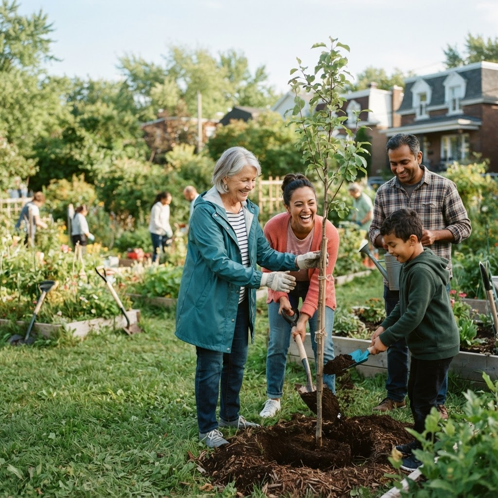 Community volunteers planting a young tree together